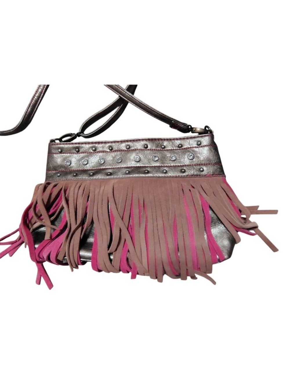 Catchfly Leather Crossbody Purse, Bronze Pink Fringe, Rhinestone, Snap Close